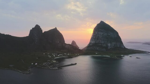 Sunset Traena islands aerial view sea rocky mountains in Norway travel destinations amazing landscape nature explore Helgeland scenery