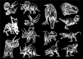 Graphical set of dinosaurs isolated on black background,vector illustration © Алексей Воробьёв