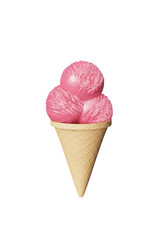 Highly detailed delicious balls strawberry ice cream in a waffle cone isolated on a white background.