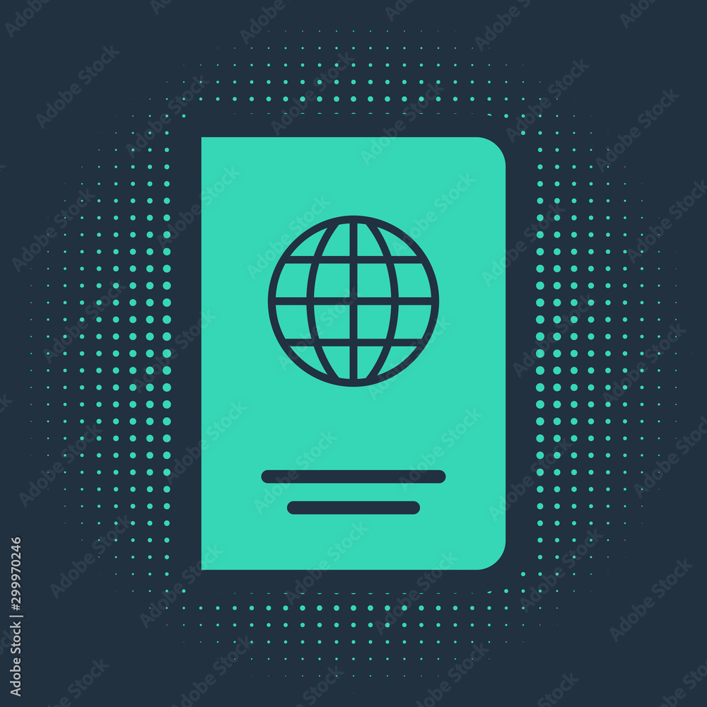 Poster green passport with biometric data icon isolated on blue background. identification document. abstra
