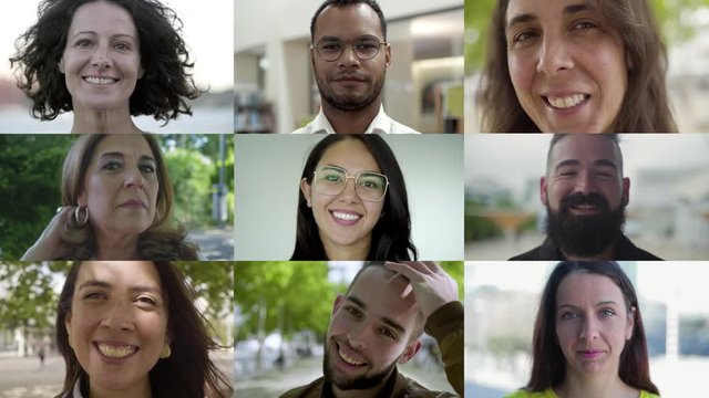 Close-up view of cheerful people smiling at camera. Split screen collage of happy diverse people smiling at camera. Facial expression concept