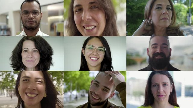 Close-up view of content people smiling at camera. Split screen collage of cheerful diverse people smiling at camera. Facial expression concept