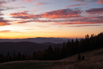 Autumn sunrise over Tatra Mountains national park in Poland.