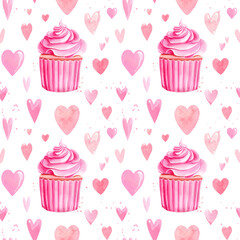 seamless pattern, watercolor drawings, painting, summer background, pink sweets and hearts, Valentine's Day