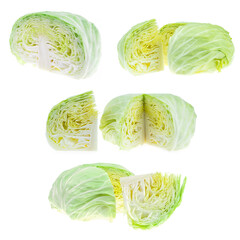 Fototapeta premium Collection of fresh green cabbage halves and slices isolated on white background with clipping path.