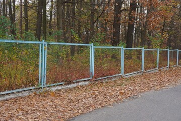 part of long  metal made of green mesh on the street