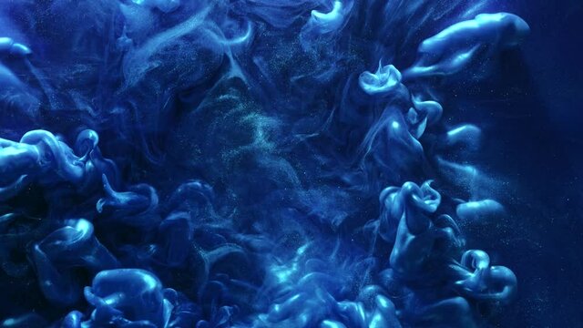 Paint burst overlay. Underwater explosion. Blue glitter liquid motion.