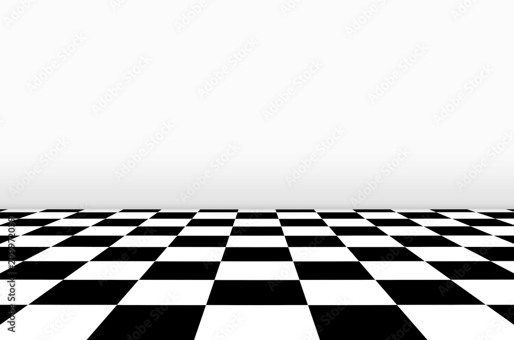 Aufkleber 3d rendering. perspective view of chessboard floor with gray wall background.