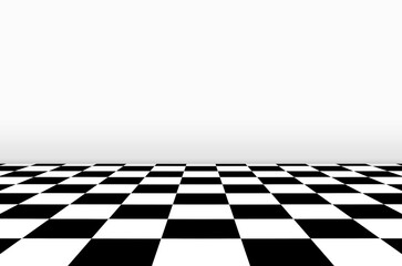 3d rendering. Perspective view of Chessboard floor with gray wall background.