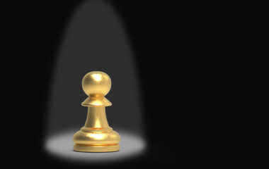 3d rendering. spot light on A golden pawn chess on stage background.