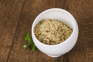 Peeled hemp seeds in the bowl