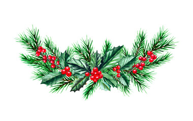 Fototapeta na wymiar Watercolor Christmas bouquet with fir branches, berries, holly. Illustration for greeting cards and invitations isolated on white background.