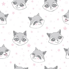 Vector seamless background with cute and beautiful raccoons. Cute background with cartoon character . Repeating texture with animals for children. Illustration on postcard, poster, texture, fabric.