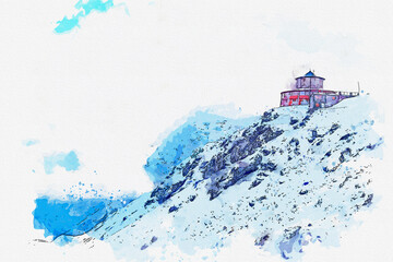 Watercolor sketch picture of accommodation in Snow on the mountain at passo dello stelvio Italy.