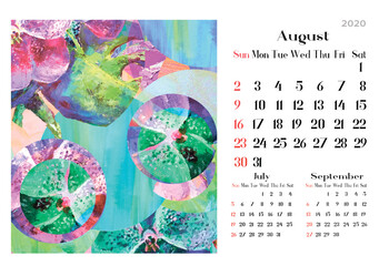 Monthly calendar 2020  with abstract oil paintig. Art Tropical design. August. Table Horizontal template. Weeks start on Sunday. Beautiful Perfect for business, merry christmas gifts, wall posters.