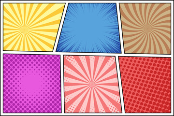 Comic book page template with different backgrounds. Pop art style