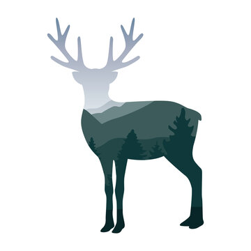 wildlife elk deer green forest landscape silhouette vector illustration EPS10