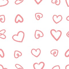 Heart doodles seamless love pattern. Hand drawn brushed hearts. Background texture for valentine's day.