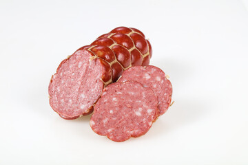 Tasty meat sausages over white background