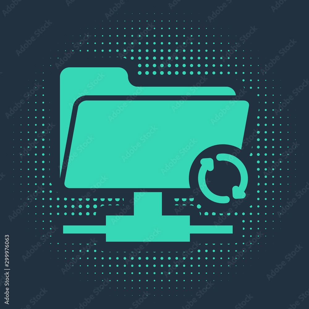 Poster green ftp sync refresh icon isolated on blue background. software update, transfer protocol, router,