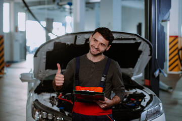 Closeup to the camera, mechanic man holding a map of documents then looking straight to the camera and showing a big like