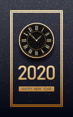 Naklejka premium Golden happy new year 2020 and clock with glitter on black color background