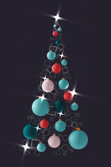 Fashionable creative Christmas tree made of colorful balls. Vertical 3d illustration.