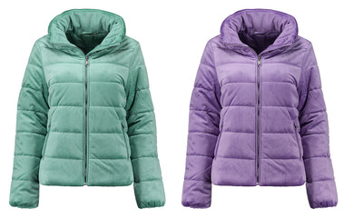 Women´s plush winter lila and green  jacket. Modern quilted jacket. Isolated image on a white background.