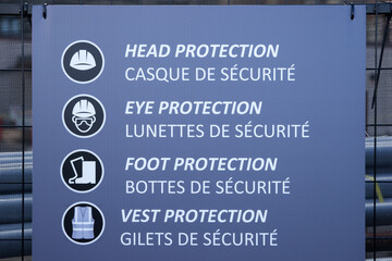 Construction Industry Health and Safety Icons on blue background. Description in English and French