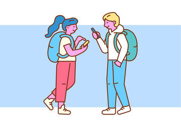 MYoung guy and girl use smartphones to communicate standinng opposite. Internet addiction. Flat design line style minimal vector illustration.