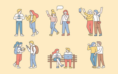 Collection of happy friends spending time together. Talking, walking, jumping, chatting. Friendship. Flat design line style minimal vector illustration.