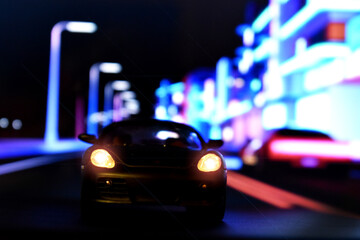 Obraz na płótnie Canvas A black car rushes through the night city. Headlights of an expensive car. Toy car model on a bright background.