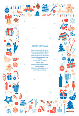 Christmas card vector template. Rectangular vertical frame with hand-drawn objects and symbols of illustration. Vintage borders for text. Party invitation, holiday poster, cute style article.