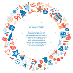 Christmas card vector template. Round frame with hand-drawn objects and symbols of illustration. Vintage borders for text. Party invitation, holiday poster, cute style article.