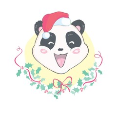 Cute Christmas cartoon panda bear character in Santa's hat with pompon vector image isolated on white. Funny bearcat Children's Xmas design. Merry Christmas and Happy New Year Greeting card image.