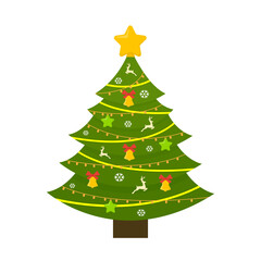 Christmas tree with decoration isolated on white background. Merry Christmas and a happy new year. Vector illustration.