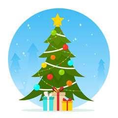 Decorated Christmas tree with gifts on winter landscape. Vector illustration for holiday Xmas and New Year.
