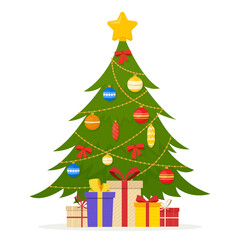 Decorated Christmas tree and gift boxes isolated on white background. Vector illustration for holiday Xmas and New Year.