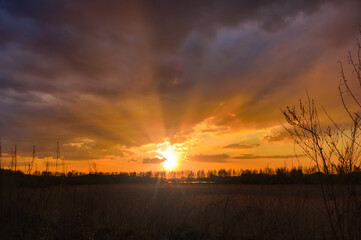 Dramatic sunset on the banks of the city pond. Spring landscape.