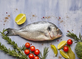 dorado fish on a blue background with herbs, lime, tomatoes and broccoli, flat lay with space for text