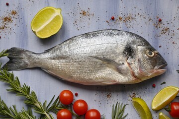 dorado fish on a blue background with herbs, lime, tomatoes and broccoli, flat lay with space for text