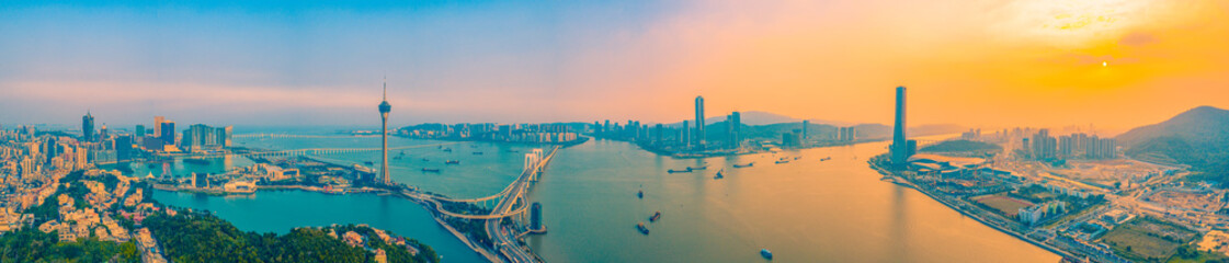 Aerial panoramic views of Zhuhai, China, and The Great Bay Area of Macau