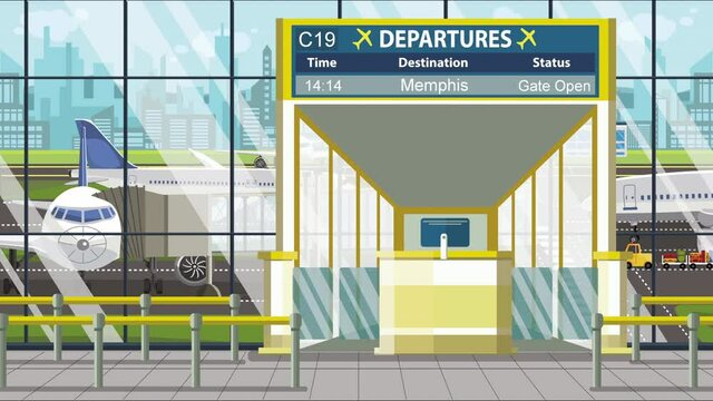 Flight to Memphis on airport departure board. Trip to the United States loopable cartoon animation
