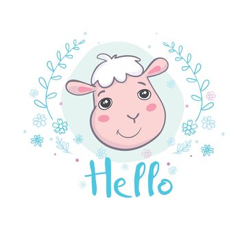 Cute sheep. Good for holiday card. Flat icon. Vector illustration