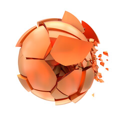 3D render of broken caramel mat glass ball with flying big and small shards