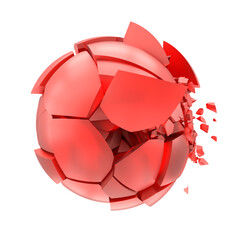 3D render of broken corall mat glass ball with flying big and small shards