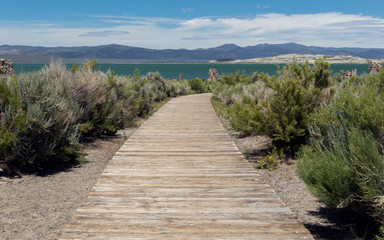 Fototapeta na wymiar Lake mono, wooden walkway in sierra nevada. Lake mono tufa