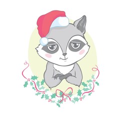 Cute raccoon in red hat for Merry Christmas and happy new year .