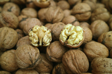 Closeup Raw Walnut's Kernels on the Pile of Walnuts with Nutshells