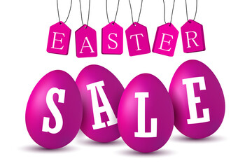 Obraz na płótnie Canvas Easter egg text sale. Happy Easter eggs 3D template isolated on white background. Design banner, greeting poster, promotion, holiday decoration, special offer. Label tag discount. Vector illustration